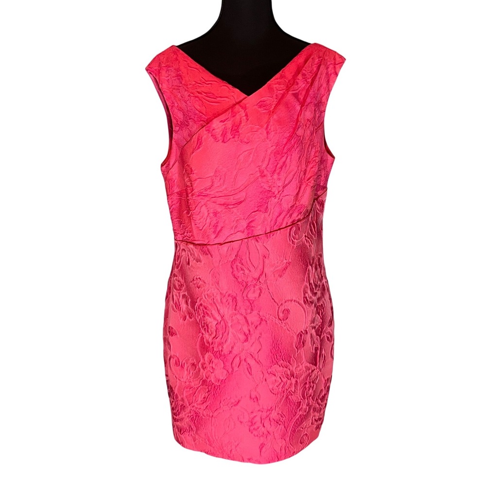 Kay Unger Pink‎ Floral Jacquard Silk Blend Sheath Cocktail Dress Womens 14